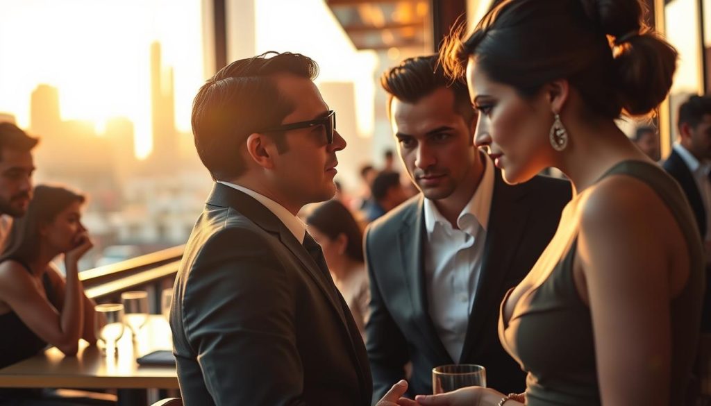 A vibrant urban scene depicting a busy café with stylish patrons engaging in whispered conversations. In the foreground, two elegantly dressed individuals, a man in a tailored suit and a woman in a chic dress, lean in close, sharing an air of secrecy, their expressions intrigued and conspiratorial. The middle ground features other café-goers, immersed in their own discussions, with glances exchanged, hinting at the intrigue around them. The background is filled with blurred silhouettes of the city skyline, softly lit by the golden hues of sunset, enhancing the atmosphere of delicious gossip. The lighting creates a warm, inviting glow, while a shallow depth of field focuses on the foreground conversation, suggesting intimacy. This image encapsulates the dynamic energy of celebrity culture and the allure of rumors. A vibrant urban scene depicting a busy café with stylish patrons engaging in whispered conversations. In the foreground, two elegantly dressed individuals, a man in a tailored suit and a woman in a chic dress, lean in close, sharing an air of secrecy, their expressions intrigued and conspiratorial. The middle ground features other café-goers, immersed in their own discussions, with glances exchanged, hinting at the intrigue around them. The background is filled with blurred silhouettes of the city skyline, softly lit by the golden hues of sunset, enhancing the atmosphere of delicious gossip. The lighting creates a warm, inviting glow, while a shallow depth of field focuses on the foreground conversation, suggesting intimacy. This image encapsulates the dynamic energy of celebrity culture and the allure of rumors.