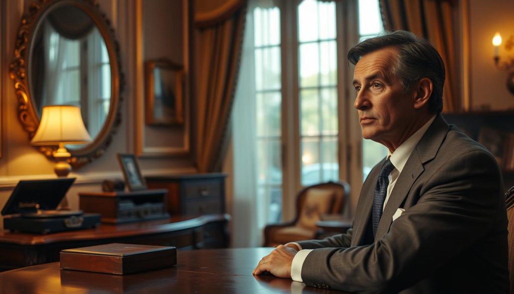 An elegant scene depicting Claude François in a sophisticated environment, reflecting on his romantic life after Janet Woollacott. In the foreground, a well-dressed Claude, wearing a tailored suit, is seated at a vintage wooden table with a contemplative expression. The middle ground features a few nostalgic items, like a vintage record player and family photos, hinting at his past relationships and memories. The background showcases a softly lit, luxurious interior with warm tones, including classic French decor elements, such as ornate mirrors and plush curtains. The lighting is soft and warm, creating an intimate mood, reminiscent of a bygone era. The angle is slightly elevated to capture the details of the setting while focusing on Claude’s reflective demeanor. An elegant scene depicting Claude François in a sophisticated environment, reflecting on his romantic life after Janet Woollacott. In the foreground, a well-dressed Claude, wearing a tailored suit, is seated at a vintage wooden table with a contemplative expression. The middle ground features a few nostalgic items, like a vintage record player and family photos, hinting at his past relationships and memories. The background showcases a softly lit, luxurious interior with warm tones, including classic French decor elements, such as ornate mirrors and plush curtains. The lighting is soft and warm, creating an intimate mood, reminiscent of a bygone era. The angle is slightly elevated to capture the details of the setting while focusing on Claude’s reflective demeanor.
