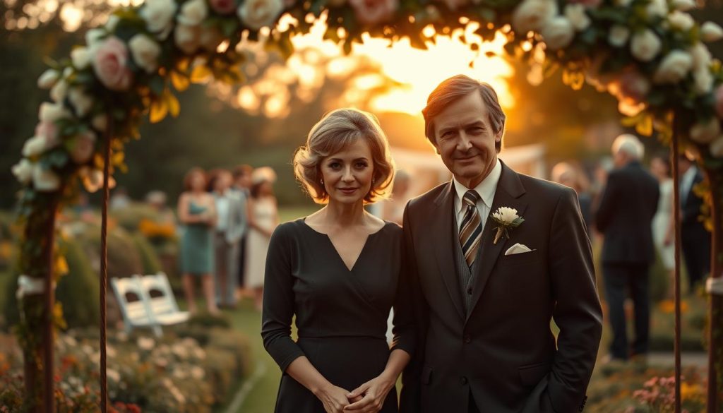 Claude François and Janet Woollacott in a picturesque garden, dressed elegantly in 1970s formal attire. Claude in a tailored suit with a classic tie, exuding charisma, while Janet wears a stylish, modest gown reflecting the fashion of the era. In the foreground, a vintage wedding arch adorned with flowers frames the couple, symbolizing their union. In the middle ground, soft, blurred images of guests in the background, witnessing the wedding, amplifying the intimate atmosphere. The scene is bathed in warm, golden light of a sunset, creating a romantic mood. A shallow depth of field emphasizes the couple while the rest softly fades, capturing a moment of love and commitment. Claude François and Janet Woollacott in a picturesque garden, dressed elegantly in 1970s formal attire. Claude in a tailored suit with a classic tie, exuding charisma, while Janet wears a stylish, modest gown reflecting the fashion of the era. In the foreground, a vintage wedding arch adorned with flowers frames the couple, symbolizing their union. In the middle ground, soft, blurred images of guests in the background, witnessing the wedding, amplifying the intimate atmosphere. The scene is bathed in warm, golden light of a sunset, creating a romantic mood. A shallow depth of field emphasizes the couple while the rest softly fades, capturing a moment of love and commitment.