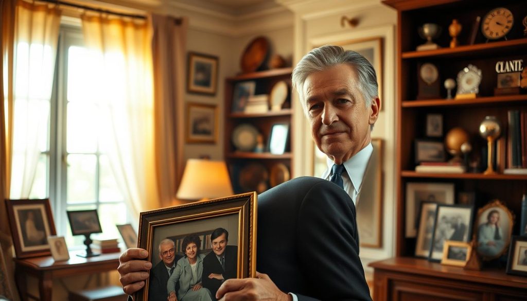 Claude François, depicted as an elegant middle-aged male with neatly styled hair and a classic suit, stands in a softly lit, vintage-inspired room filled with family photographs. In the foreground, he holds a framed picture of his family, his expression thoughtful, reflecting a mix of nostalgia and pride. In the middle ground, there are bookshelves filled with memorabilia and musical awards, hinting at his legacy as a famous musician. The background reveals a window with warm, golden sunlight filtering through sheer curtains, casting a gentle glow on the scene. The overall atmosphere conveys a sense of reflection and familial connection, inviting the viewer to engage with the themes of memory and legacy.