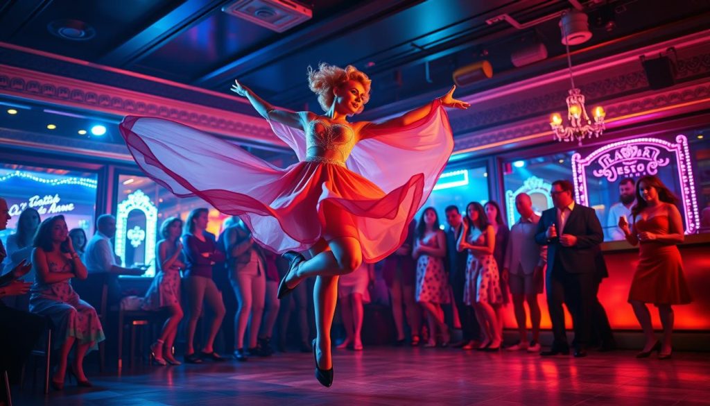 A graceful dancer in a stylish, vintage 1960s costume, performing in a vibrant Côte d’Azur nightclub. The foreground features her mid-leap, capturing the elegance of her movements with flowing fabric highlighting her silhouette. In the middle ground, a lively audience admires her performance, dressed in chic retro attire, illuminated by soft, ambient lighting that evokes a sense of nostalgia. The background shows an artfully decorated club interior with colorful lights reflecting off mirrored surfaces, enhancing the festive atmosphere. The mood is vibrant and celebratory, embodying the spirit of French Riviera nightlife. The composition should be shot from a slightly elevated angle to emphasize the dancer’s poise and the excitement of the setting, creating a warm and inviting ambiance.