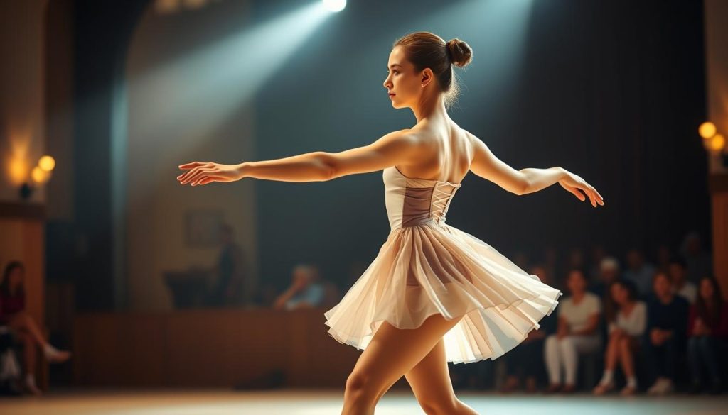 A graceful female dancer in mid-performance, embodying elegance and movement. She wears a modest yet stylish ballet costume with soft pastel colors. Her hair is elegantly pinned back, showcasing her focused expression as she dances. The foreground captures her dynamic pose, arms outstretched, with one leg elegantly extended. The middle ground features a softly blurred stage with subtle lighting enhancing the mood, creating a warm, inviting atmosphere. In the background, a faint outline of an audience can be seen, captivated by her performance. The lighting is soft, suggesting an intimate setting, while a spotlight subtly highlights her form. The overall mood is inspiring and artistic, reflecting the beauty of dance and the beginning of a journey in the world of performance. A graceful female dancer in mid-performance, embodying elegance and movement. She wears a modest yet stylish ballet costume with soft pastel colors. Her hair is elegantly pinned back, showcasing her focused expression as she dances. The foreground captures her dynamic pose, arms outstretched, with one leg elegantly extended. The middle ground features a softly blurred stage with subtle lighting enhancing the mood, creating a warm, inviting atmosphere. In the background, a faint outline of an audience can be seen, captivated by her performance. The lighting is soft, suggesting an intimate setting, while a spotlight subtly highlights her form. The overall mood is inspiring and artistic, reflecting the beauty of dance and the beginning of a journey in the world of performance.