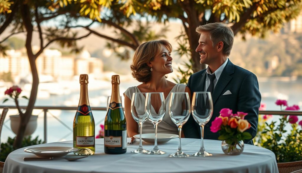 A picturesque scene capturing the essence of a romantic encounter between Claude François and Janet Woollacott on the Côte d’Azur, Monaco. In the foreground, an elegantly set table with fine dining elements, including a sparkling wine bottle and two crystal glasses, casts soft reflections in the afternoon sun. The middle ground features a couple in stylish, modest attire, smiling and gazing into each other's eyes, exuding warmth and connection. In the background, the iconic Monaco coastline is bathed in golden light, with lush greenery and colorful flowers enhancing the vibrant atmosphere. The overall mood is romantic and nostalgic, reminiscent of the glamour of the 1960s, captured with a warm, soft focus lens that highlights the beauty and elegance of the scene. A picturesque scene capturing the essence of a romantic encounter between Claude François and Janet Woollacott on the Côte d’Azur, Monaco. In the foreground, an elegantly set table with fine dining elements, including a sparkling wine bottle and two crystal glasses, casts soft reflections in the afternoon sun. The middle ground features a couple in stylish, modest attire, smiling and gazing into each other's eyes, exuding warmth and connection. In the background, the iconic Monaco coastline is bathed in golden light, with lush greenery and colorful flowers enhancing the vibrant atmosphere. The overall mood is romantic and nostalgic, reminiscent of the glamour of the 1960s, captured with a warm, soft focus lens that highlights the beauty and elegance of the scene.