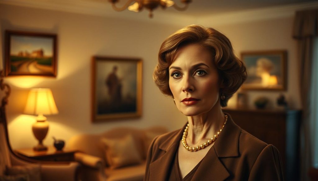 A portrait of Claude François's wife during the 1960s, elegantly styled with soft, vintage makeup and a classic, sophisticated hairstyle. She is dressed in a chic, modest outfit that reflects the fashion of the era, standing in an intimate, lovingly lit living room adorned with period-appropriate decor. In the foreground, her expression conveys a mix of nostalgia and contemplation, showcasing the emotional weight of marriage and separation. In the background, a warm, inviting atmosphere is portrayed through dim lighting and a hint of vintage furniture, creating an air of sophisticated elegance. The image should be captured from a slightly elevated angle, enhancing the intimate aspect of her story while maintaining a respectful and dignified portrayal. A portrait of Claude François's wife during the 1960s, elegantly styled with soft, vintage makeup and a classic, sophisticated hairstyle. She is dressed in a chic, modest outfit that reflects the fashion of the era, standing in an intimate, lovingly lit living room adorned with period-appropriate decor. In the foreground, her expression conveys a mix of nostalgia and contemplation, showcasing the emotional weight of marriage and separation. In the background, a warm, inviting atmosphere is portrayed through dim lighting and a hint of vintage furniture, creating an air of sophisticated elegance. The image should be captured from a slightly elevated angle, enhancing the intimate aspect of her story while maintaining a respectful and dignified portrayal.