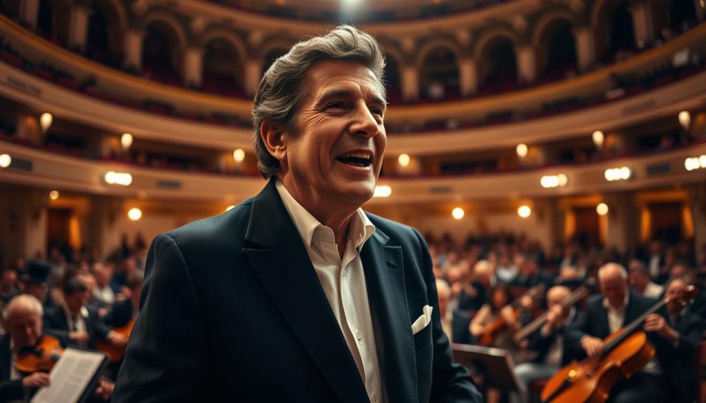 A portrait of Gilbert Bécaud, the renowned French singer-songwriter, set in the iconic Olympia concert hall. In the foreground, capture Bécaud in a classic black suit with a white shirt, exuding charisma as he passionately performs. His expressive face should reflect deep emotion, with a soft spotlight illuminating him, creating a warm and nostalgic atmosphere. In the middle ground, musicians playing instruments can be seen engaged in the performance, surrounded by a captivated audience. The background should feature the elegant architecture of the Olympia, with subtle stage lights casting a gentle glow. The overall mood should evoke a sense of artistry and history, showcasing the legacy of Bécaud's music.