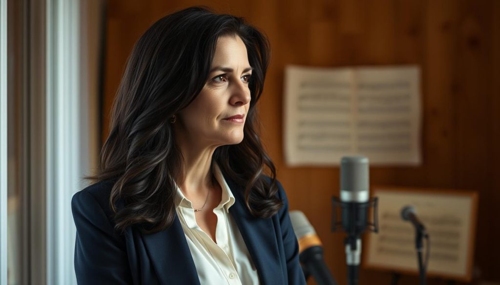 A serene portrait of a middle-aged woman with long, flowing dark hair, reflecting Janet Woollacott's elegant charm. She is wearing a tailored navy blue blazer over a soft white blouse, symbolizing her professional yet artistic persona. The foreground features her thoughtfully gazing out a window, evoking a sense of reflection and quiet strength. In the middle, a vintage microphone and sheet music appear slightly blurred, suggesting her connection to music and performance. In the background, a softly lit home studio setting with warm wooden tones conveys a sense of home and creativity. The lighting is warm and natural, creating an inviting atmosphere. The overall mood is contemplative and respectful, highlighting her legacy and multifaceted life.