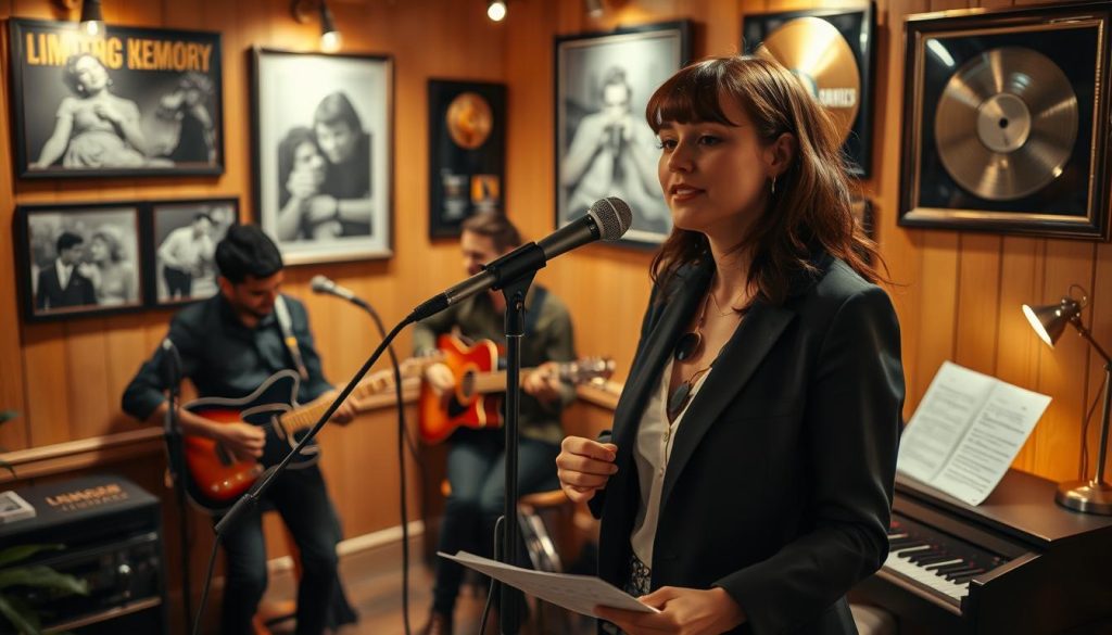 A vibrant scene depicting a female singer-songwriter in a cozy, intimate performance setting. In the foreground, she stands confidently at a vintage microphone, wearing stylish business casual attire. Her expression is passionate as she shares her music, surrounded by scattered sheets of handwritten lyrics. In the middle, a small band accompanies her, featuring a guitarist and a pianist, each lost in the moment, creating a collaborative atmosphere. The background features warmly lit walls adorned with framed photographs of iconic music moments and golden records, emphasizing the theme of memory. Soft, ambient lighting casts gentle shadows, creating a nostalgic yet inviting mood, while the angle is slightly elevated, giving a sense of depth to the scene as viewers feel immersed in this musical experience.