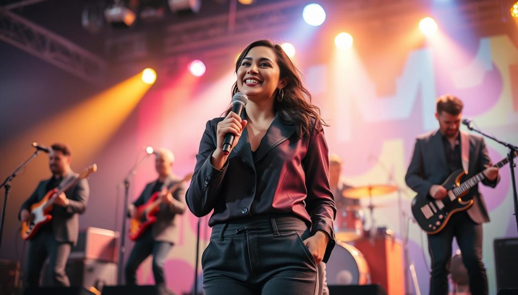 A vibrant scene of a professional female singer performing on stage, embodying the essence of a successful music career. In the foreground, she stands confidently in a stylish yet modest outfit, a microphone in hand, with an expressive look, embodying passion and charisma. In the middle ground, there are energetic musicians playing various instruments, showcasing collaboration and musical synergy. The background features a colorful stage setting with dynamic lighting, casting soft glows and dramatic shadows that create an exciting atmosphere. The perspective is slightly low-angle, emphasizing the singer's presence and the energy of the performance. The mood is inspiring and celebratory, reflecting the artistry and dedication within the music industry. A vibrant scene of a professional female singer performing on stage, embodying the essence of a successful music career. In the foreground, she stands confidently in a stylish yet modest outfit, a microphone in hand, with an expressive look, embodying passion and charisma. In the middle ground, there are energetic musicians playing various instruments, showcasing collaboration and musical synergy. The background features a colorful stage setting with dynamic lighting, casting soft glows and dramatic shadows that create an exciting atmosphere. The perspective is slightly low-angle, emphasizing the singer's presence and the energy of the performance. The mood is inspiring and celebratory, reflecting the artistry and dedication within the music industry.