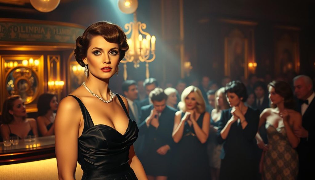 A vintage Parisian nightclub scene capturing the essence of the Olympia during the 1960s. In the foreground, a glamorous female singer resembling Janet Woollacott stands on stage, dressed in an elegant 1960s evening gown, exuding charm and a hint of jealousy. Her expressive eyes gaze into the crowd, hinting at the emotional tension of the moment. In the middle ground, the audience is immersed in the performance, dressed in stylish attire of the era, some showing admiration while others whisper amongst themselves. The background features a dimly lit bar area, with soft golden lights reflecting off vintage decor. The lighting is warm, casting gentle shadows, creating a nostalgic, intimate atmosphere, reminiscent of the glamour and rivalry of the time, with a subtle hint of melancholy inspired by Gilbert Bécaud’s influence. A vintage Parisian nightclub scene capturing the essence of the Olympia during the 1960s. In the foreground, a glamorous female singer resembling Janet Woollacott stands on stage, dressed in an elegant 1960s evening gown, exuding charm and a hint of jealousy. Her expressive eyes gaze into the crowd, hinting at the emotional tension of the moment. In the middle ground, the audience is immersed in the performance, dressed in stylish attire of the era, some showing admiration while others whisper amongst themselves. The background features a dimly lit bar area, with soft golden lights reflecting off vintage decor. The lighting is warm, casting gentle shadows, creating a nostalgic, intimate atmosphere, reminiscent of the glamour and rivalry of the time, with a subtle hint of melancholy inspired by Gilbert Bécaud’s influence.
