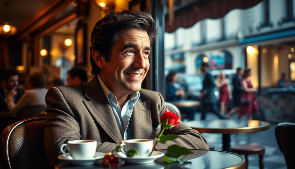 Gilbert Bécaud, depicted in a thoughtful pose, sitting in a cozy, well-lit Parisian café. He has a warm, engaging smile, dressed in a smart casual outfit, showcasing his classic style with a tailored blazer. In the foreground, a small table holds a cup of coffee and a rose, symbolizing his romantic life. The middle background features softly blurred café patrons, suggesting a lively atmosphere, while the window displays a serene street scene with people walking by on a sunny day. The lighting is warm and inviting, highlighting Bécaud's facial features. The mood is nostalgic yet vibrant, capturing his essence as a beloved musician steeped in personal stories and relationships.