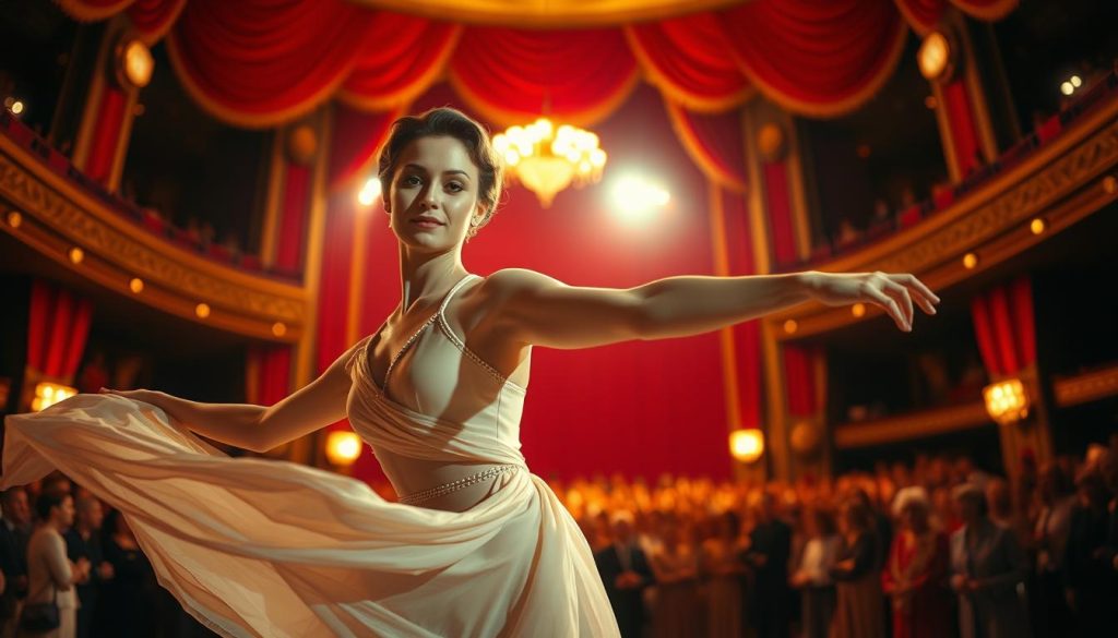A captivating scene of Janet Woollacott as a danseuse on stage at the iconic Olympia in Paris, showcasing her in a graceful ballet pose. The foreground features Janet dressed in an elegant, modest costume, complete with flowing fabric and subtly shimmering details. Her expression radiates passion and artistry. In the middle, the stage is beautifully lit with warm, soft spotlighting, surrounded by vivid red and gold draperies, enhancing the luxurious atmosphere. The background reveals an audience captivated by her performance, blurred slightly to emphasize her as the focal point. The mood is vibrant yet nostalgic, evoking the charm and excitement of the 1960s-1980s entertainment scene. The angle is slightly low, giving a dynamic perspective of the performance while highlighting the grandeur of the venue.