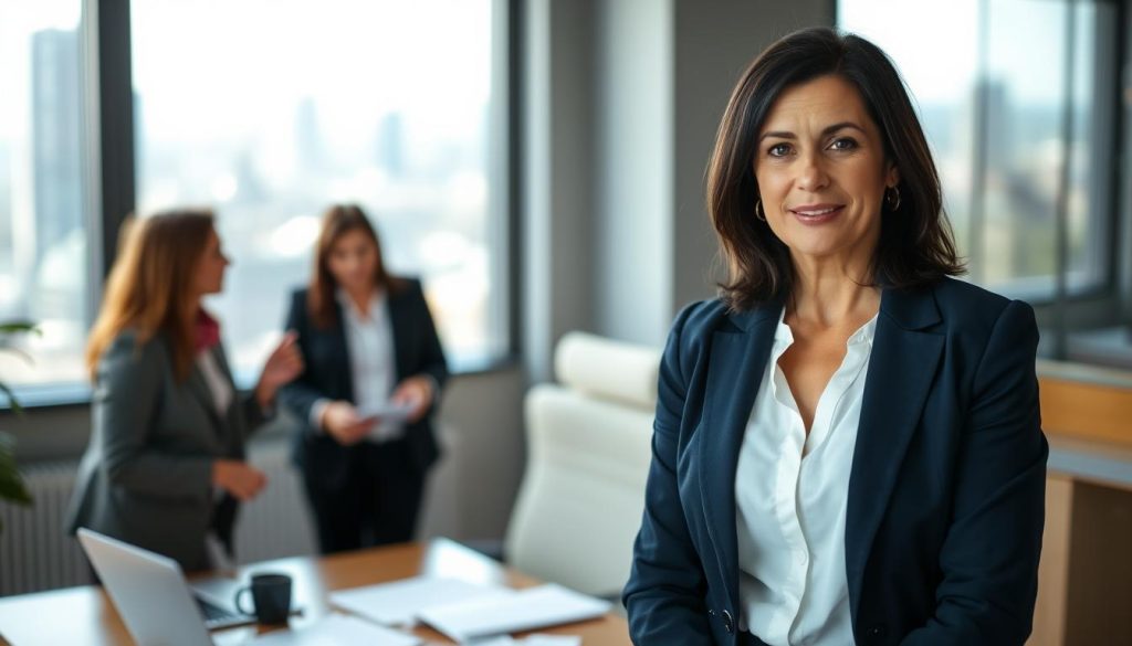 A confident woman named Janette Woollacott stands in a professional office environment. She is in her 40s, with shoulder-length dark hair, wearing a tailored navy blazer over a white blouse, reflecting an air of professionalism and credibility. In the foreground, she is engaged in a discussion with another colleague, showcasing a moment of collaboration. The middle ground features a desk with open documents, a laptop, and a soft-focus coffee mug, hinting at their work. In the background, a window reveals a bright cityscape, adding a sense of openness and opportunity. The lighting is bright and natural, pouring in from the window, creating a warm atmosphere. The image conveys a blend of authority and approachability, inviting viewers to engage with the topic subtly and effectively.