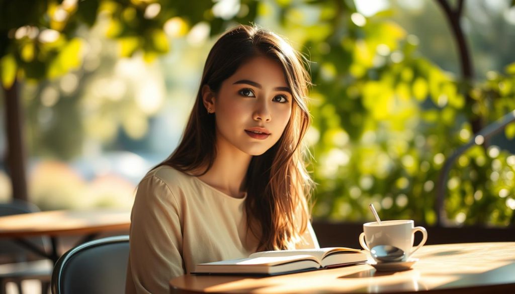 A delicate and serene portrait of a young woman named Jennifer, embodying elegance and curiosity. She is seated at a sunlit café table, surrounded by soft bokeh effects created by the sunlight filtering through leaves. The foreground features a close-up of her thoughtful expression, accentuated by natural light that illuminates her face. In the middle ground, a carefully arranged table displays a cup of coffee and a notebook, hinting at her reflective mindset. The background reveals a blurred scene of greenery, suggesting a lively environment. The overall ambiance is warm and introspective, capturing a moment of contemplation. The woman is dressed in modest casual attire, conveying professionalism without sacrificing her youthful charm. A delicate and serene portrait of a young woman named Jennifer, embodying elegance and curiosity. She is seated at a sunlit café table, surrounded by soft bokeh effects created by the sunlight filtering through leaves. The foreground features a close-up of her thoughtful expression, accentuated by natural light that illuminates her face. In the middle ground, a carefully arranged table displays a cup of coffee and a notebook, hinting at her reflective mindset. The background reveals a blurred scene of greenery, suggesting a lively environment. The overall ambiance is warm and introspective, capturing a moment of contemplation. The woman is dressed in modest casual attire, conveying professionalism without sacrificing her youthful charm.