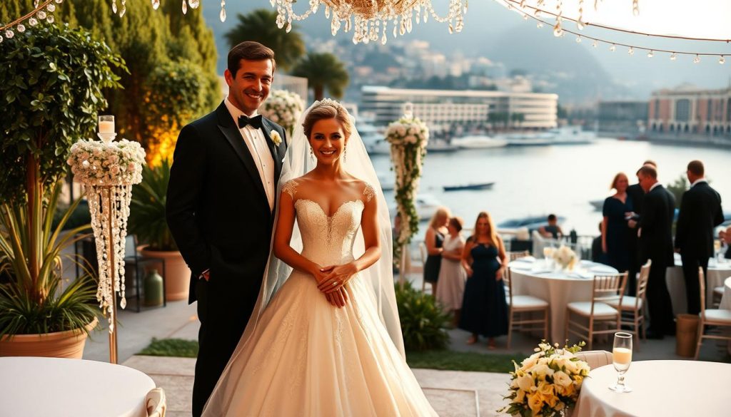 A glamorous wedding scene set in Monaco in 1960, featuring Claude François and his bride, Janette Woollacott. In the foreground, the couple stands together, clad in elegant formal attire; Claude in a classic tuxedo and Janette in a stunning bridal gown with intricate lace details. The middle ground captures a lavish outdoor setting, adorned with lush greenery and sparkling decorations typical of a Monaco wedding. Soft, golden lighting illuminates the scene, casting a romantic glow. In the background, the iconic Mediterranean coastline and luxurious buildings of Monaco create a picturesque backdrop. The overall mood is joyful and celebratory, highlighting the elegance of the era and the charm of a classic wedding celebration. A glamorous wedding scene set in Monaco in 1960, featuring Claude François and his bride, Janette Woollacott. In the foreground, the couple stands together, clad in elegant formal attire; Claude in a classic tuxedo and Janette in a stunning bridal gown with intricate lace details. The middle ground captures a lavish outdoor setting, adorned with lush greenery and sparkling decorations typical of a Monaco wedding. Soft, golden lighting illuminates the scene, casting a romantic glow. In the background, the iconic Mediterranean coastline and luxurious buildings of Monaco create a picturesque backdrop. The overall mood is joyful and celebratory, highlighting the elegance of the era and the charm of a classic wedding celebration.