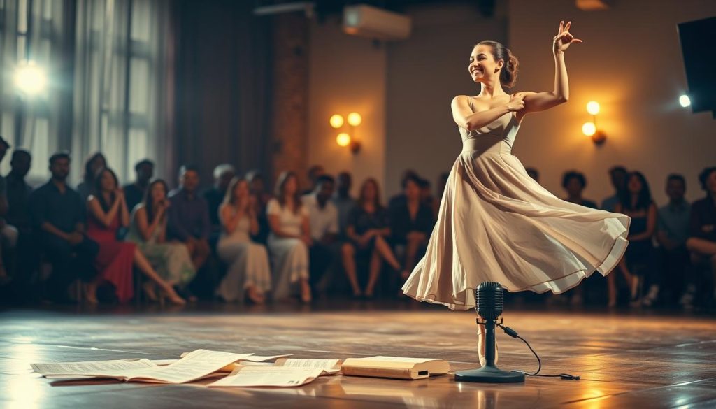 A lively artistic scene capturing the essence of a career in dance, song, and writing. In the foreground, a poised female dancer dressed in a stylish, flowing dress performs an elegant ballet pose, embodying grace and passion. Her expression is joyful and focused as she prepares for a performance. The middle ground features a vintage microphone with sheet music scattered around, symbolizing her singing career. Soft, warm lighting illuminates the scene, creating a cozy atmosphere that highlights the dancer's movements. In the background, blurred silhouettes of an audience create a sense of engagement and excitement. The overall mood is uplifting and inspiring, reflecting the dedication and artistry of a creative life beyond personal relationships. A lively artistic scene capturing the essence of a career in dance, song, and writing. In the foreground, a poised female dancer dressed in a stylish, flowing dress performs an elegant ballet pose, embodying grace and passion. Her expression is joyful and focused as she prepares for a performance. The middle ground features a vintage microphone with sheet music scattered around, symbolizing her singing career. Soft, warm lighting illuminates the scene, creating a cozy atmosphere that highlights the dancer's movements. In the background, blurred silhouettes of an audience create a sense of engagement and excitement. The overall mood is uplifting and inspiring, reflecting the dedication and artistry of a creative life beyond personal relationships.