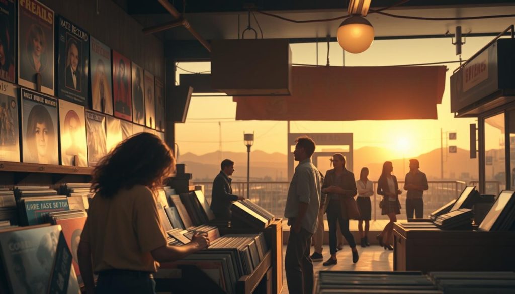 A nostalgic scene set in Mars, 1978, capturing the essence of the era with warm, faded colors reminiscent of vintage photographs. In the foreground, a vintage record store with an array of vinyl records displayed, featuring iconic album covers from the late 1970s. A figure in modest casual clothing browses the records, exuding a sense of wonder and discovery. The middle ground showcases a small gathering of people, dressed in stylish yet modest 1970s attire, conversing and laughing, reflecting the lively social atmosphere of the time. In the background, hints of retro storefronts and a soft sunset sky provide a dreamy ambiance, casting gentle shadows that enhance the depth. The lighting is soft, creating a warm, inviting glow, reminiscent of the golden hour, evoking a sense of nostalgia and connection to the past. A nostalgic scene set in Mars, 1978, capturing the essence of the era with warm, faded colors reminiscent of vintage photographs. In the foreground, a vintage record store with an array of vinyl records displayed, featuring iconic album covers from the late 1970s. A figure in modest casual clothing browses the records, exuding a sense of wonder and discovery. The middle ground showcases a small gathering of people, dressed in stylish yet modest 1970s attire, conversing and laughing, reflecting the lively social atmosphere of the time. In the background, hints of retro storefronts and a soft sunset sky provide a dreamy ambiance, casting gentle shadows that enhance the depth. The lighting is soft, creating a warm, inviting glow, reminiscent of the golden hour, evoking a sense of nostalgia and connection to the past.