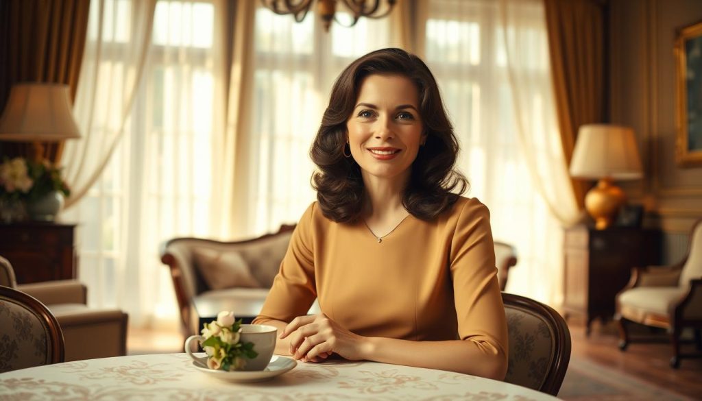 A portrait of Monique Nicolas, depicted as a sophisticated woman in her late 30s, wearing an elegant vintage dress that reflects the fashion of the 1960s. She has soft, wavy dark hair and a warm, inviting smile. The foreground showcases her sitting at a beautifully adorned table, with a delicate cup of coffee and a small bouquet of flowers. In the middle ground, soft natural light filters through large, draped windows, casting gentle shadows that enhance the intimate atmosphere. A subtle backdrop of a tastefully decorated living room with classic furniture hints at a cozy yet chic lifestyle. The image overall conveys a sense of nostalgia and charm, with a warm color palette, designed to evoke personal connections and the duality of her life alongside Gilbert Bécaud. A portrait of Monique Nicolas, depicted as a sophisticated woman in her late 30s, wearing an elegant vintage dress that reflects the fashion of the 1960s. She has soft, wavy dark hair and a warm, inviting smile. The foreground showcases her sitting at a beautifully adorned table, with a delicate cup of coffee and a small bouquet of flowers. In the middle ground, soft natural light filters through large, draped windows, casting gentle shadows that enhance the intimate atmosphere. A subtle backdrop of a tastefully decorated living room with classic furniture hints at a cozy yet chic lifestyle. The image overall conveys a sense of nostalgia and charm, with a warm color palette, designed to evoke personal connections and the duality of her life alongside Gilbert Bécaud.