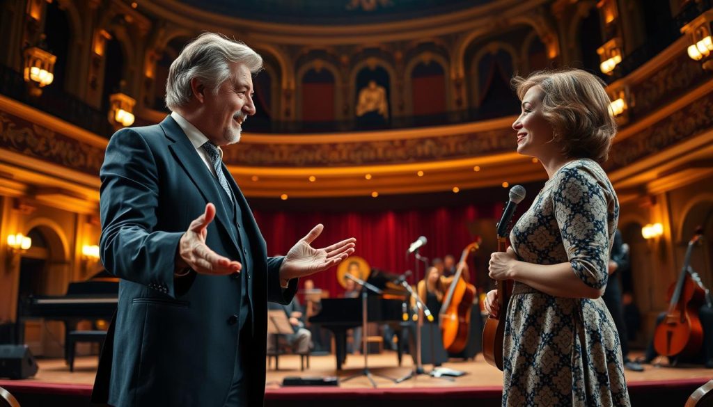 A scene set at L'Olympia, featuring a lively interaction between a well-dressed middle-aged man and a sophisticated woman, reflecting the charisma of Gilbert Bécaud and Janet Woollacott. In the foreground, the man, in a tailored suit, gestures engagingly, while the woman, in a chic dress, listens attentively, capturing a sense of mutual admiration and professional intrigue. The middle ground showcases an elegantly designed stage adorned with soft, ambient lighting, highlighting musical instruments like a grand piano and guitars, evoking a classic concert atmosphere. The background features ornate architecture typical of L'Olympia, with warm, golden lighting radiating a nostalgic, inviting glow. The mood is vibrant and celebratory, suggesting a meaningful exchange amidst a rich cultural heritage, captured with a slightly blurred focus to emphasize the subjects. A scene set at L'Olympia, featuring a lively interaction between a well-dressed middle-aged man and a sophisticated woman, reflecting the charisma of Gilbert Bécaud and Janet Woollacott. In the foreground, the man, in a tailored suit, gestures engagingly, while the woman, in a chic dress, listens attentively, capturing a sense of mutual admiration and professional intrigue. The middle ground showcases an elegantly designed stage adorned with soft, ambient lighting, highlighting musical instruments like a grand piano and guitars, evoking a classic concert atmosphere. The background features ornate architecture typical of L'Olympia, with warm, golden lighting radiating a nostalgic, inviting glow. The mood is vibrant and celebratory, suggesting a meaningful exchange amidst a rich cultural heritage, captured with a slightly blurred focus to emphasize the subjects.