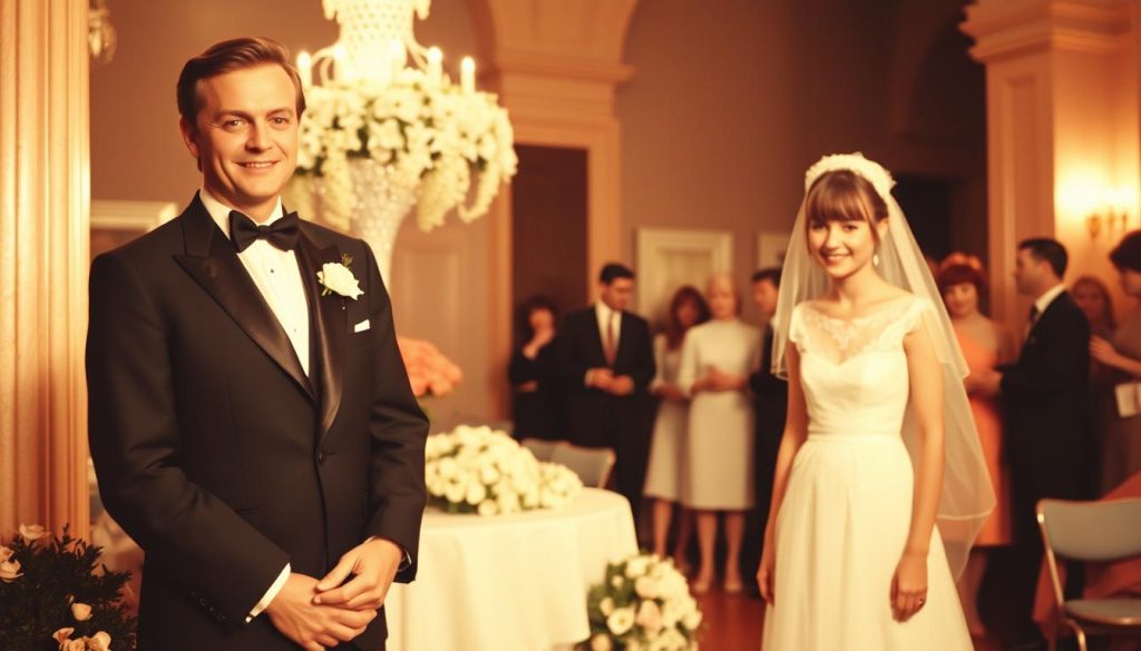 A vintage photograph capturing the marriage of Claude François in November 1960. In the foreground, the couple stands together, dressed in elegant formal attire; Claude in a classic tuxedo and his bride in a tasteful, modest wedding gown with delicate lace details. Their expressions are joyful and tender. The middle ground features a beautifully decorated wedding venue with floral arrangements and soft lighting, casting a warm glow over the scene. In the background, guests dressed in stylish 1960s attire gather, celebrating the occasion in the softly lit ambiance. The composition is reminiscent of a classic wedding photograph, evoking a nostalgic, romantic atmosphere that reflects the significance of the event. The lens captures the moment with a soft focus, enhancing the heartfelt ambiance. A vintage photograph capturing the marriage of Claude François in November 1960. In the foreground, the couple stands together, dressed in elegant formal attire; Claude in a classic tuxedo and his bride in a tasteful, modest wedding gown with delicate lace details. Their expressions are joyful and tender. The middle ground features a beautifully decorated wedding venue with floral arrangements and soft lighting, casting a warm glow over the scene. In the background, guests dressed in stylish 1960s attire gather, celebrating the occasion in the softly lit ambiance. The composition is reminiscent of a classic wedding photograph, evoking a nostalgic, romantic atmosphere that reflects the significance of the event. The lens captures the moment with a soft focus, enhancing the heartfelt ambiance.
