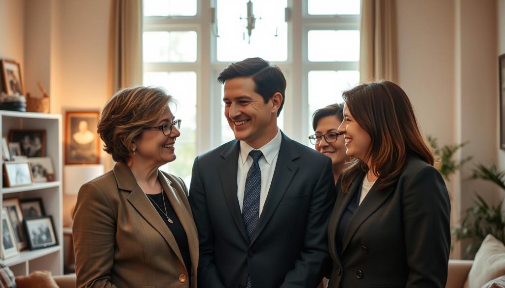 A warm and intimate portrait of the Bécaud siblings, focusing on their familial bonds. In the foreground, three siblings are gathered closely, sharing a candid moment of laughter, dressed in professional business attire. The middle layer showcases a softly lit room with family photographs and memorabilia that hint at their artistic heritage, while the background features large windows allowing gentle, natural light to illuminate the space, creating a cozy atmosphere. The overall mood is nostalgic, emphasizing the strong connections among the siblings. The setting emphasizes a familial warmth, portraying a supportive environment in which personal and public life intermingle harmoniously. The focus is on unity and shared history. A warm and intimate portrait of the Bécaud siblings, focusing on their familial bonds. In the foreground, three siblings are gathered closely, sharing a candid moment of laughter, dressed in professional business attire. The middle layer showcases a softly lit room with family photographs and memorabilia that hint at their artistic heritage, while the background features large windows allowing gentle, natural light to illuminate the space, creating a cozy atmosphere. The overall mood is nostalgic, emphasizing the strong connections among the siblings. The setting emphasizes a familial warmth, portraying a supportive environment in which personal and public life intermingle harmoniously. The focus is on unity and shared history.