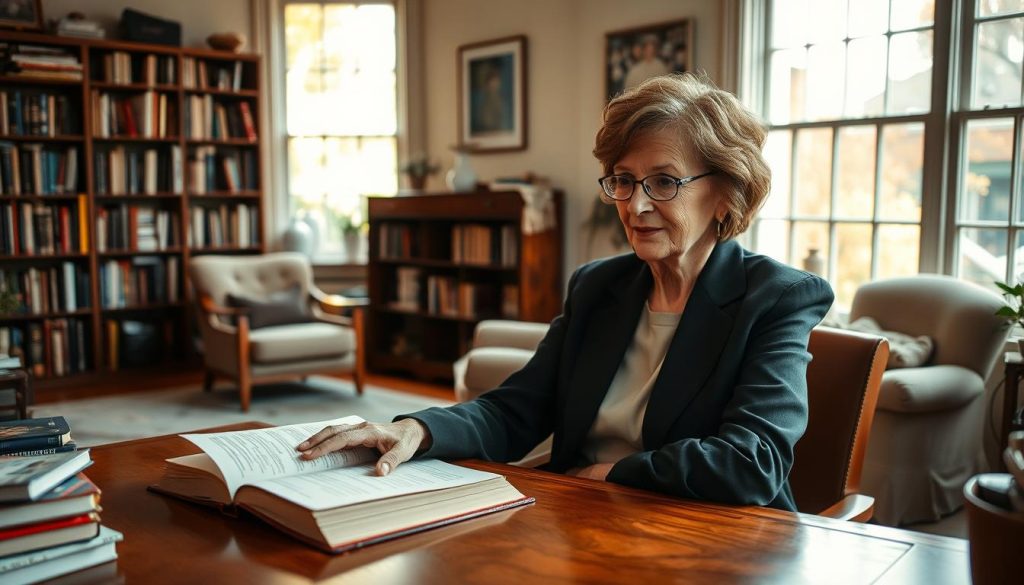 Janet Woollacott, a distinguished figure in academia, is portrayed in a serene home environment. In the foreground, she sits comfortably at a well-lit wooden desk, focused on an open book filled with notes, dressed in professional business attire, reflecting her scholarly nature. In the middle ground, a cozy living room is depicted with bookshelves filled with literature, showcasing her intellectual pursuits, and a soft, inviting armchair. In the background, large windows let in warm, natural sunlight, suggesting an inviting atmosphere of contemplation and study. The overall mood is tranquil and reflective, capturing the essence of her life as a scholar and the comforts of her personal space. The angle is a slight side view to highlight both her expression and the surrounding environment. Janet Woollacott, a distinguished figure in academia, is portrayed in a serene home environment. In the foreground, she sits comfortably at a well-lit wooden desk, focused on an open book filled with notes, dressed in professional business attire, reflecting her scholarly nature. In the middle ground, a cozy living room is depicted with bookshelves filled with literature, showcasing her intellectual pursuits, and a soft, inviting armchair. In the background, large windows let in warm, natural sunlight, suggesting an inviting atmosphere of contemplation and study. The overall mood is tranquil and reflective, capturing the essence of her life as a scholar and the comforts of her personal space. The angle is a slight side view to highlight both her expression and the surrounding environment.