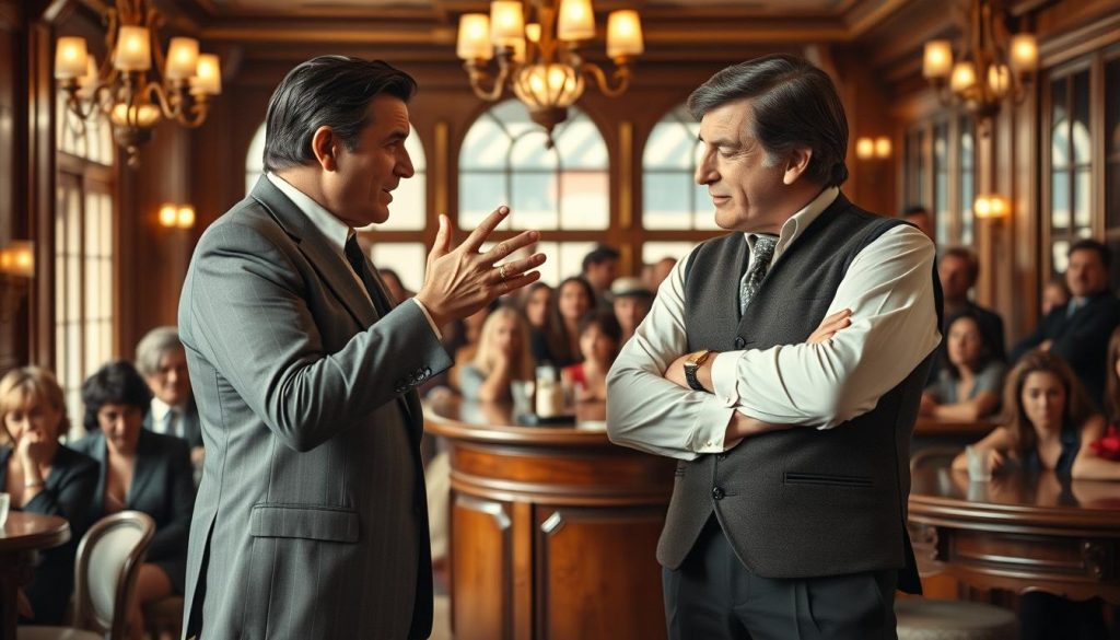 Two iconic French singers, Claude François and Gilbert Bécaud, stand on opposite sides of a richly decorated vintage café, exuding an air of rivalry and artistic tension. François, elegantly dressed in a tailored suit, gestures passionately, while Bécaud, in a smart vest, crosses his arms with a confident smirk. The café features warmly lit chandeliers and a polished wooden bar, emphasizing a 1960s ambiance. In the background, a captivated audience leans in, showcasing a blend of admiration and intrigue. Soft light filters through large windows, creating a nostalgic mood and casting gentle shadows. Capture the essence of competition, love, and creative ego in this engaging scene, highlighting the complexity of their relationship through their expressions and body language.