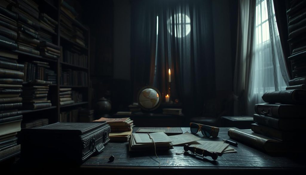 A dimly lit room filled with old leather-bound books and dusty manuscripts, creating an intense atmosphere of secrecy and intimacy. In the foreground, a vintage wooden desk cluttered with letters and photographs, hinting at a hidden relationship drama. In the middle, an antique globe and a candle casting flickering shadows, emphasizing a sense of mystery and control. The background features dark, heavy curtains partially drawn, allowing a soft beam of moonlight to illuminate the scene. The overall mood is tense and reflective, capturing the themes of jealousy and crisis within a couple's life. Use a low-angle perspective to enhance the depth and drama, emphasizing the atmosphere of hidden emotions and unspoken words. A dimly lit room filled with old leather-bound books and dusty manuscripts, creating an intense atmosphere of secrecy and intimacy. In the foreground, a vintage wooden desk cluttered with letters and photographs, hinting at a hidden relationship drama. In the middle, an antique globe and a candle casting flickering shadows, emphasizing a sense of mystery and control. The background features dark, heavy curtains partially drawn, allowing a soft beam of moonlight to illuminate the scene. The overall mood is tense and reflective, capturing the themes of jealousy and crisis within a couple's life. Use a low-angle perspective to enhance the depth and drama, emphasizing the atmosphere of hidden emotions and unspoken words.