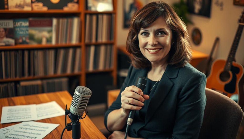 A portrait of Janet Woollacott, a distinguished music figure, sitting in a cozy, warmly lit studio. She has medium-length brown hair, wearing a stylish yet professional outfit that reflects her artistic flair. In the foreground, she is holding a vintage microphone, exuding an aura of creativity and passion for music. In the middle ground, musical notes and lyrics can be faintly seen scattered across a wooden table, symbolizing her contributions as both singer and songwriter. The background features shelves filled with vinyl records and a soft-focus acoustic guitar, enhancing the musical atmosphere. The lighting is soft and inviting, creating a sense of warmth and inspiration, as if inviting the viewer into her creative world. The mood is both reflective and energetic, embodying her musical journey.