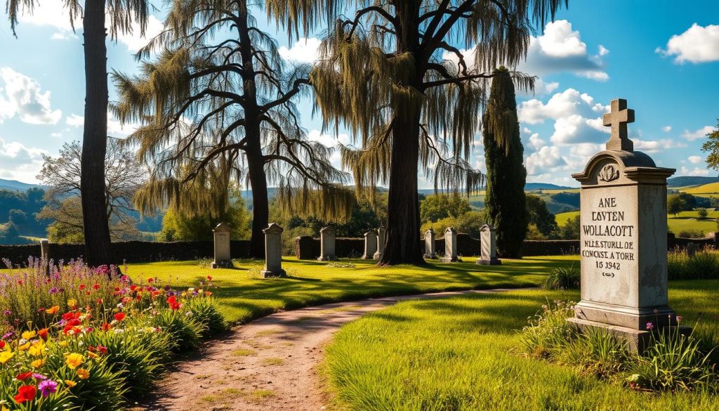 A serene French countryside scene depicting the location of Janet Woollacott's tomb. In the foreground, a well-tended path lined with vibrant wildflowers and lush green grass leads to the entrance of a small, historic cemetery. In the middle ground, ancient stone tombstones are partially shaded by tall, gracefully swaying trees, creating a sense of tranquility. The background showcases rolling hills under a bright blue sky dotted with fluffy white clouds, capturing the essence of a peaceful rural setting. The lighting is soft and warm, suggesting a late afternoon glow, enhancing the inviting atmosphere. The composition is framed as if viewed from a slight low angle, drawing attention to the natural beauty and historical significance of this serene location. A serene French countryside scene depicting the location of Janet Woollacott's tomb. In the foreground, a well-tended path lined with vibrant wildflowers and lush green grass leads to the entrance of a small, historic cemetery. In the middle ground, ancient stone tombstones are partially shaded by tall, gracefully swaying trees, creating a sense of tranquility. The background showcases rolling hills under a bright blue sky dotted with fluffy white clouds, capturing the essence of a peaceful rural setting. The lighting is soft and warm, suggesting a late afternoon glow, enhancing the inviting atmosphere. The composition is framed as if viewed from a slight low angle, drawing attention to the natural beauty and historical significance of this serene location.