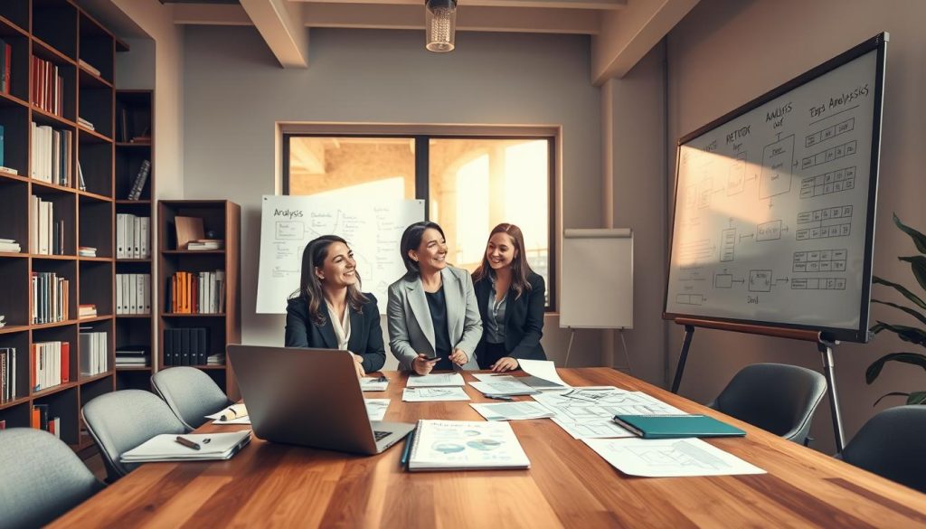 A serene office environment focused on the concept of research and analysis. In the foreground, a diverse group of three professionals, two women and one man, dressed in smart business attire, are engaged in an animated discussion around a large wooden table covered with documents, a laptop, and a notebook filled with sketches. The middle ground features shelves filled with books and research materials, while a large window in the background lets in soft, warm daylight, casting gentle shadows across the room. A well-organized whiteboard displays diagrams and notes related to the analysis method, adding to the atmosphere of productivity. The mood is collaborative and thoughtful, evoking a sense of intellectual curiosity and diligence in research. A serene office environment focused on the concept of research and analysis. In the foreground, a diverse group of three professionals, two women and one man, dressed in smart business attire, are engaged in an animated discussion around a large wooden table covered with documents, a laptop, and a notebook filled with sketches. The middle ground features shelves filled with books and research materials, while a large window in the background lets in soft, warm daylight, casting gentle shadows across the room. A well-organized whiteboard displays diagrams and notes related to the analysis method, adding to the atmosphere of productivity. The mood is collaborative and thoughtful, evoking a sense of intellectual curiosity and diligence in research.