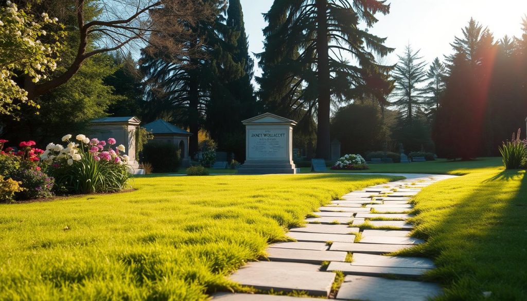 A serene pathway leading to a tranquil grave site, surrounded by lush greenery and blooming flowers. In the foreground, a well-maintained stone path lined with soft grass invites visitors. The middle section features an elegant tombstone with inscriptions dedicated to Janet Woollacott, drenched in gentle afternoon sunlight creating a warm, inviting atmosphere. The background reveals tall trees swaying softly in a light breeze, under a clear blue sky. The scene conveys a sense of peace and reflection, ideal for a future visit. The lighting is soft and warm, enhancing the calm mood of the setting. The image is captured from a slight angle to emphasize the depth of the path leading to the tombstone, with no human figures present. A serene pathway leading to a tranquil grave site, surrounded by lush greenery and blooming flowers. In the foreground, a well-maintained stone path lined with soft grass invites visitors. The middle section features an elegant tombstone with inscriptions dedicated to Janet Woollacott, drenched in gentle afternoon sunlight creating a warm, inviting atmosphere. The background reveals tall trees swaying softly in a light breeze, under a clear blue sky. The scene conveys a sense of peace and reflection, ideal for a future visit. The lighting is soft and warm, enhancing the calm mood of the setting. The image is captured from a slight angle to emphasize the depth of the path leading to the tombstone, with no human figures present.