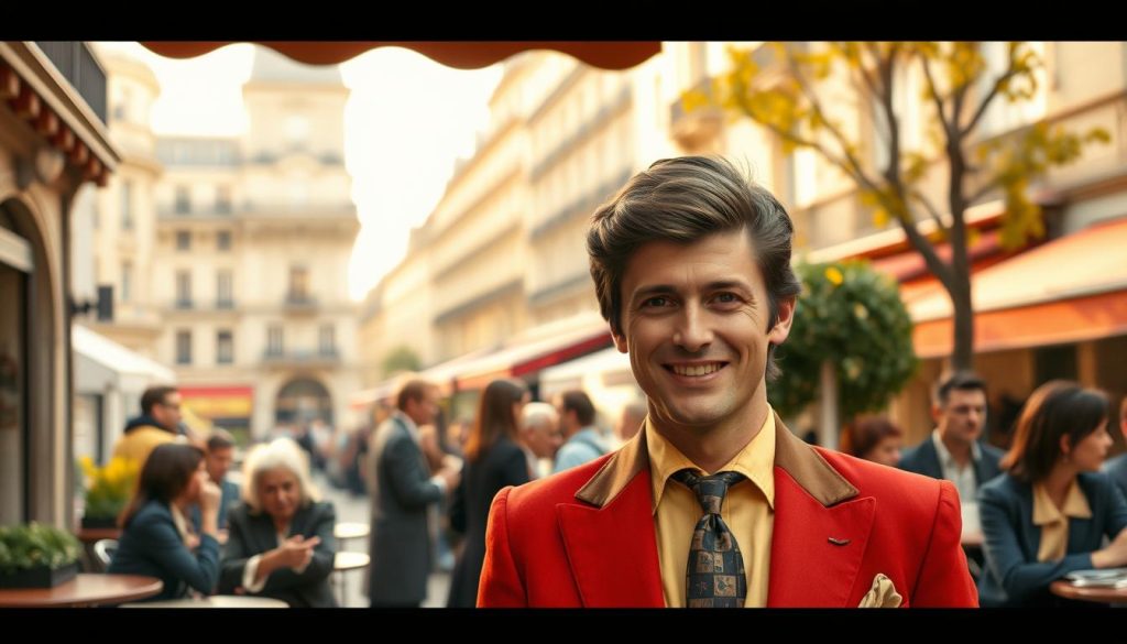 A stylish, young Claude François in a vibrant 1960s outfit, featuring a tailored suit with a patterned tie and sleek hairstyle. He stands confidently in the foreground, exuding charisma while smiling warmly at the viewer. In the middle ground, capture a lively Parisian café scene with people enjoying their conversations, dressed in fashionable attire of the era, reflecting the exuberance of French pop culture. The background consists of iconic Parisian architecture, with café terraces and trees gently swaying in the breeze. Soft golden hour lighting casts a warm glow over the scene, evoking a nostalgic and lively atmosphere, reminiscent of the carefree spirit of the 1960s. The image should be rich in color and detail, focusing on capturing the essence of the time without any text or distractions.