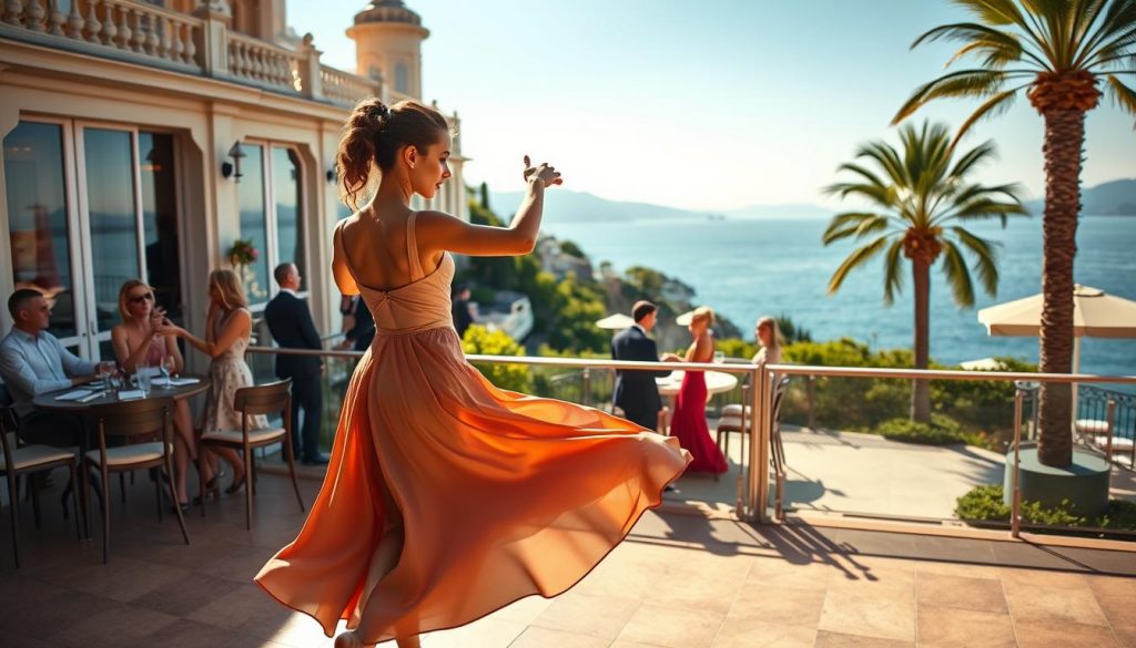 A vibrant scene at Sporting Monte-Carlo, capturing the elegance and charm of the Côte d’Azur. The foreground features a graceful young dancer in a flowing, modestly designed dress, embodying poise as she rehearses her moves. In the middle, a luxurious outdoor terrace showcases elegant patrons enjoying refreshments, with a stunning view of the Mediterranean Sea under the bright sun. The background features the iconic Monte-Carlo architecture, lush greenery, and palm trees swaying gently in the breeze. The lighting is warm and inviting, with soft shadows enhancing the scene. The mood is lively and refined, evoking a sense of aspiration and creativity, reflecting the glamour of the dance scene in this picturesque location.