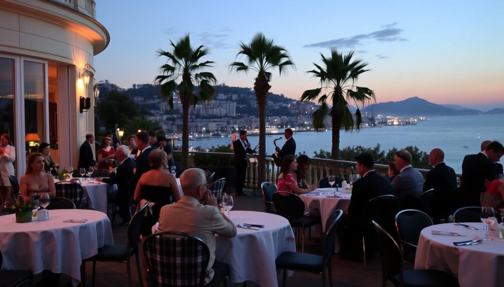 A vibrant scene capturing the essence of the Sporting Monte-Carlo, an elegant venue known for its glamorous gatherings and high-profile events. In the foreground, a tastefully arranged outdoor terrace with round tables adorned with white tablecloths and sprigs of lavender, where elegantly dressed patrons are enjoying their evening. In the middle, a jazz band is performing on a small stage, musicians absorbed in their music, dressed in smart, professional attire. In the background, the iconic Monte-Carlo skyline under a dusky sky, with the silhouette of palm trees swaying gently as soft evening lights twinkle. The atmosphere is lively yet intimate, evoking a sense of sophistication and nostalgia, perfect for an evening of music and culture. The scene is well-lit with warm, ambient lighting, enhancing the elegant ambiance of the Côte d'Azur.