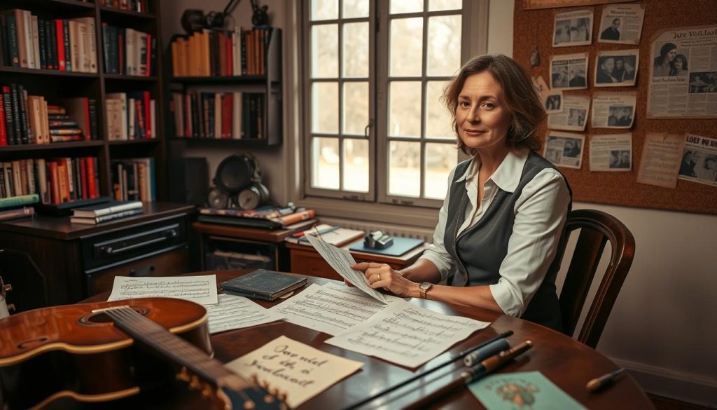 A visually captivating image depicting a serene songwriting studio, featuring a professional woman in business attire, sitting at a vintage wooden desk, surrounded by musical notes and references related to Janet Woollacott. In the foreground, a guitar rests against the desk, and sheets of music with handwritten lyrics are scattered around, suggesting a creative process. The middle background showcases a window with soft, natural light filtering in, illuminating shelves filled with books about music history. In the background, a corkboard displays pinned images and newspaper clippings referencing Janet Woollacott's influence on music. The atmosphere is warm and inviting, encouraging thoughtfulness and inspiration in a creative environment, all captured from a slightly elevated angle to provide depth.