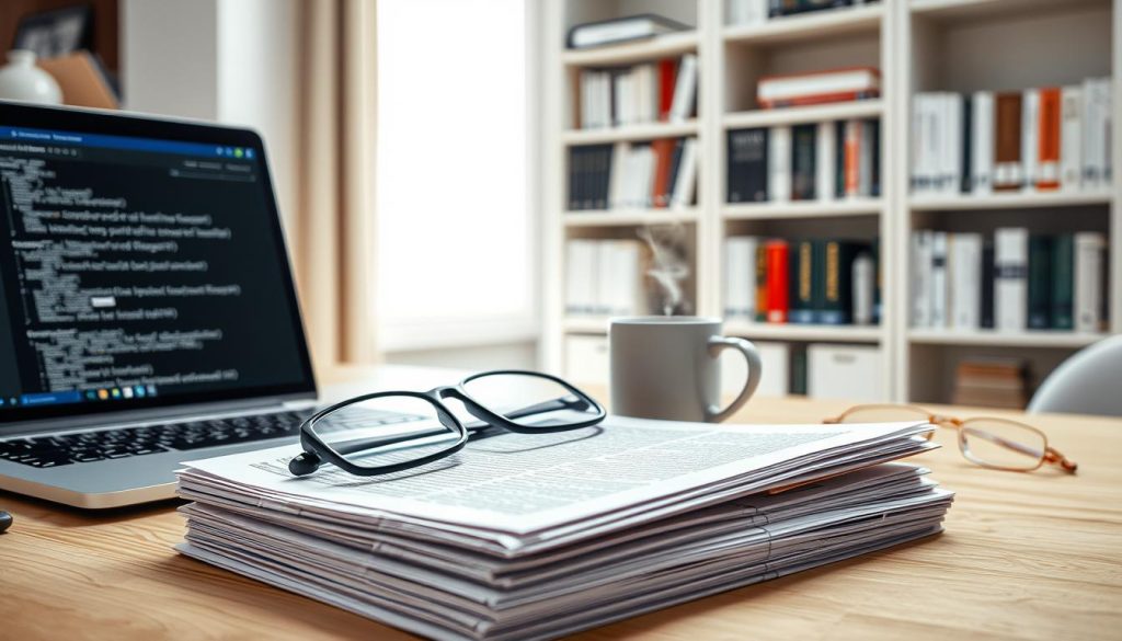 A well-organized workspace reflecting the theme of safe publication practices. In the foreground, a stack of documents and articles is artfully arranged alongside a laptop displaying a text editor. A pair of professional glasses rests atop the documents, and a coffee cup with a steaming beverage adds a touch of warmth. The middle ground features a soft-focus bookshelf filled with reference books on writing, research, and publication ethics. In the background, a bright, airy window lets in natural light, highlighting a minimalist office space that conveys professionalism and attention to detail. The mood is focused and productive, ideal for an informative article about writing and sharing content responsibly. The composition is shot with a wide-angle lens, ensuring an inviting atmosphere while maintaining clarity on the workspace elements. A well-organized workspace reflecting the theme of safe publication practices. In the foreground, a stack of documents and articles is artfully arranged alongside a laptop displaying a text editor. A pair of professional glasses rests atop the documents, and a coffee cup with a steaming beverage adds a touch of warmth. The middle ground features a soft-focus bookshelf filled with reference books on writing, research, and publication ethics. In the background, a bright, airy window lets in natural light, highlighting a minimalist office space that conveys professionalism and attention to detail. The mood is focused and productive, ideal for an informative article about writing and sharing content responsibly. The composition is shot with a wide-angle lens, ensuring an inviting atmosphere while maintaining clarity on the workspace elements.