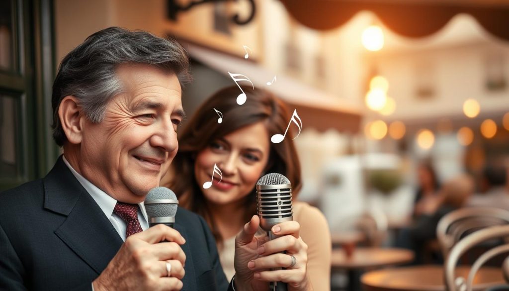 Gilbert Bécaud and his daughter Jennifer are portrayed in a warm, nostalgic setting, capturing the essence of their musical legacy. In the foreground, Gilbert, dressed in sharp, professional attire with a subtle smile, holds a vintage microphone, while Jennifer, in a modest yet elegant outfit, gazes affectionately at him. The middle layer features soft musical notes ethereally floating between them, symbolizing their shared passion for music. The background showcases a softly blurred Parisian café scene, bathed in golden hour lighting that enhances the intimate atmosphere. The overall mood is one of love, connection, and the bittersweet nature of artistic rivalry, conveying a sense of heritage and shared memory in a harmonious blend.