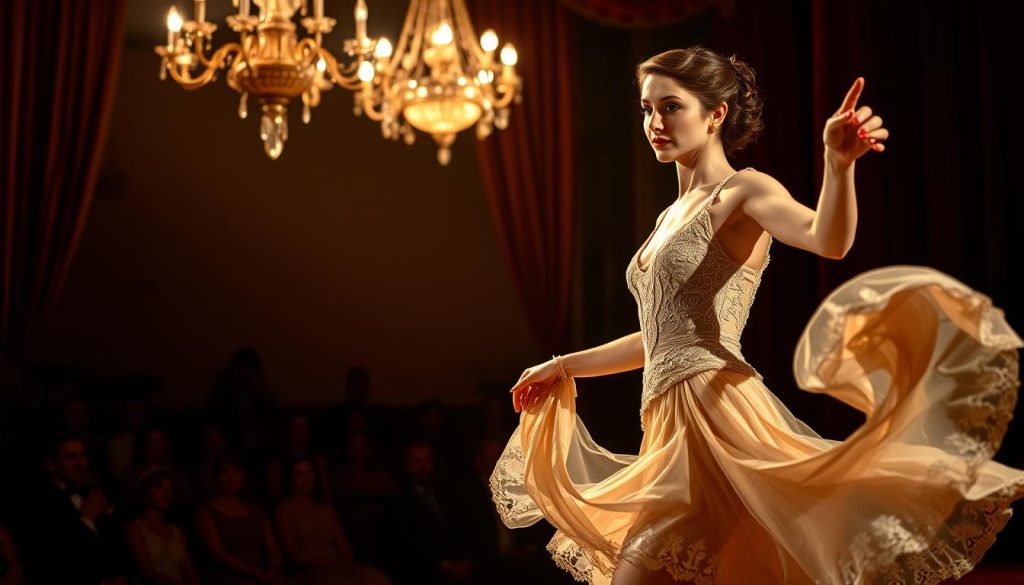 A captivating scene featuring Janet Woollacott, a graceful British danseuse, performing on stage. In the foreground, she wears an elegant vintage dance costume, showcasing intricate lace and flowing fabrics that catch the stage lights. Her expression is one of passion and focus as she dances with poise, highlighting her talent. The middle ground includes a soft, dimly lit stage setting with velvet curtains and an ornate chandelier casting a warm glow. In the background, silhouettes of an enthusiastic audience are visible, creating an intimate atmosphere. The lighting is dramatic, emphasizing her movement while casting enchanting shadows. The overall mood is nostalgic and glamorous, reflecting the allure of 1960s French show business. A captivating scene featuring Janet Woollacott, a graceful British danseuse, performing on stage. In the foreground, she wears an elegant vintage dance costume, showcasing intricate lace and flowing fabrics that catch the stage lights. Her expression is one of passion and focus as she dances with poise, highlighting her talent. The middle ground includes a soft, dimly lit stage setting with velvet curtains and an ornate chandelier casting a warm glow. In the background, silhouettes of an enthusiastic audience are visible, creating an intimate atmosphere. The lighting is dramatic, emphasizing her movement while casting enchanting shadows. The overall mood is nostalgic and glamorous, reflecting the allure of 1960s French show business.