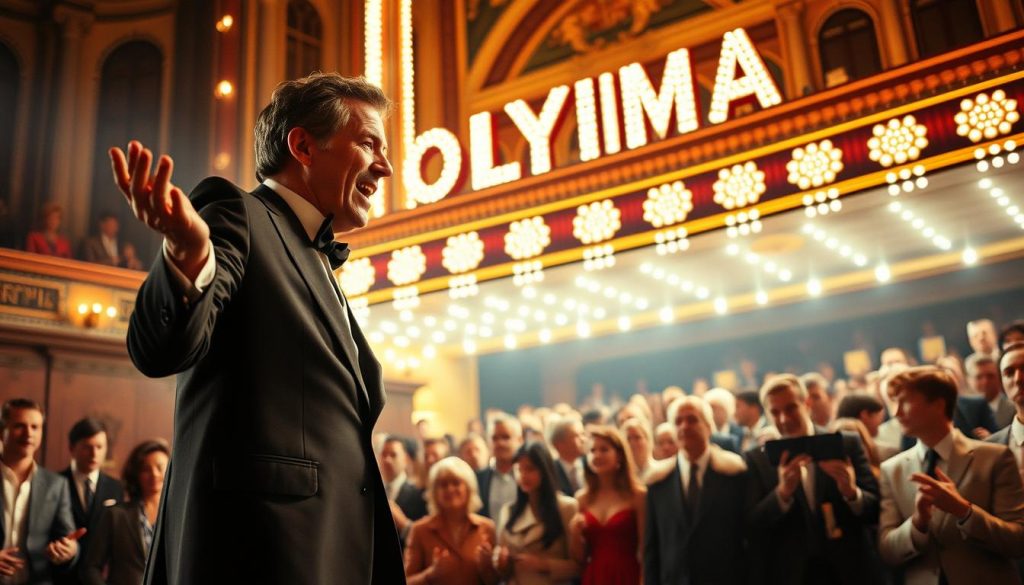 A dynamic scene capturing the essence of Claude François performing on stage at the famous Olympia in Paris. In the foreground, depict Claude François, elegantly attired in a stylish 1960s suit, passionately engaging with the audience, his expressive gestures conveying a deep connection to the music. The middle ground should showcase a captivated crowd, dressed in period-appropriate attire, with a mix of admiration and excitement in their expressions. The background features the iconic Olympia marquee illuminated with bright lights, creating a vibrant and energetic atmosphere. Use warm lighting to evoke a nostalgic, lively mood, with the camera angle slightly tilted upwards to emphasize the grandeur of the venue. The overall composition reflects the glamour and intensity of this pivotal moment in a musical career. A dynamic scene capturing the essence of Claude François performing on stage at the famous Olympia in Paris. In the foreground, depict Claude François, elegantly attired in a stylish 1960s suit, passionately engaging with the audience, his expressive gestures conveying a deep connection to the music. The middle ground should showcase a captivated crowd, dressed in period-appropriate attire, with a mix of admiration and excitement in their expressions. The background features the iconic Olympia marquee illuminated with bright lights, creating a vibrant and energetic atmosphere. Use warm lighting to evoke a nostalgic, lively mood, with the camera angle slightly tilted upwards to emphasize the grandeur of the venue. The overall composition reflects the glamour and intensity of this pivotal moment in a musical career.