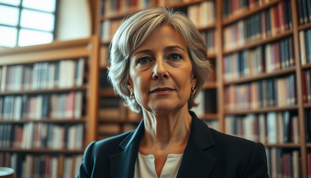 A focused portrait of Janet Woollacott, a distinguished academic woman in her 50s, dressed in professional business attire, exuding intelligence and grace. She stands confidently in a library filled with scholarly books, with a warm light illuminating her face, creating a welcoming atmosphere. Subtle shadows accentuate her features, suggesting depth and contemplation. In the background, bookshelves filled with texts on religion and philosophy hint at her scholarly pursuits. The angle is slightly above eye level, allowing a thoughtful gaze towards the viewer. The mood is serene and introspective, embodying a deep connection with her studies and beliefs without any distractions. The image is crisp, with vibrant colors that enhance the professionalism and importance of her subject.