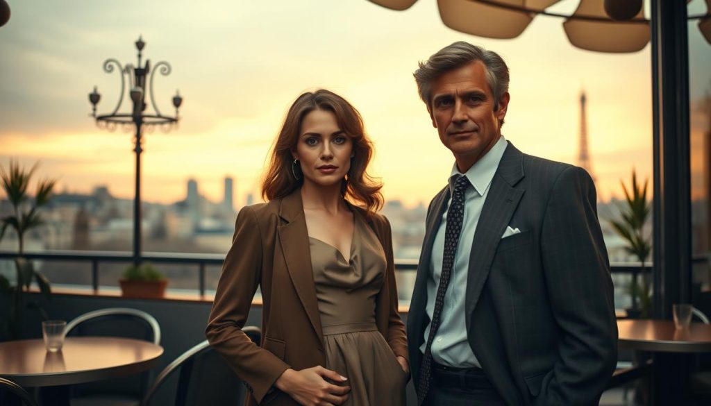 A portrait of a couple reminiscent of Claude François and his significant other, set in a vintage 1970s Parisian atmosphere. In the foreground, the couple stands together, dressed in elegant 1970s fashion, with the man wearing a well-tailored suit and the woman in a chic dress. Their expressions are a mix of affection and subtle tension, reflecting the complexities of their relationship. The middle ground features soft, muted colors, with elegant decor typical of a Parisian café. In the background, the iconic Parisian skyline fades into a pastel sunset, creating a warm and somewhat nostalgic mood. Use soft, diffused lighting to enhance the emotional tone, capturing the intimacy and underlying tension of a relationship marked by jealousy and longing. The angle should focus on the couple from a slight low perspective to emphasize their stature and presence.