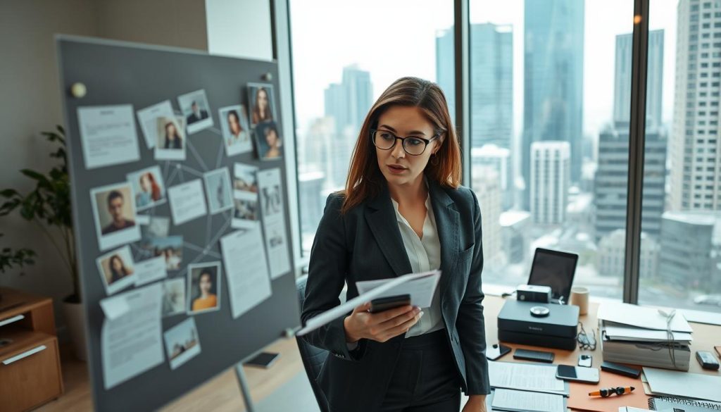 A professional female investigator analyzing rumors in a modern office setting. In the foreground, she examines a board covered with interconnected notes and images, symbolizing the process of verification. She is dressed in smart business attire, exuding confidence and focus. In the middle ground, a desk is strewn with various digital devices, documents, and evidence, reflecting the analytical nature of her work. The background features a large window showcasing a bustling cityscape, suggesting the importance of staying informed in a fast-paced world. Soft, natural overhead lighting highlights her thoughtful expression, creating a serious yet determined atmosphere. The angle captures the complexity of her investigative process, emphasizing the theme of discernment amidst misinformation. A professional female investigator analyzing rumors in a modern office setting. In the foreground, she examines a board covered with interconnected notes and images, symbolizing the process of verification. She is dressed in smart business attire, exuding confidence and focus. In the middle ground, a desk is strewn with various digital devices, documents, and evidence, reflecting the analytical nature of her work. The background features a large window showcasing a bustling cityscape, suggesting the importance of staying informed in a fast-paced world. Soft, natural overhead lighting highlights her thoughtful expression, creating a serious yet determined atmosphere. The angle captures the complexity of her investigative process, emphasizing the theme of discernment amidst misinformation.