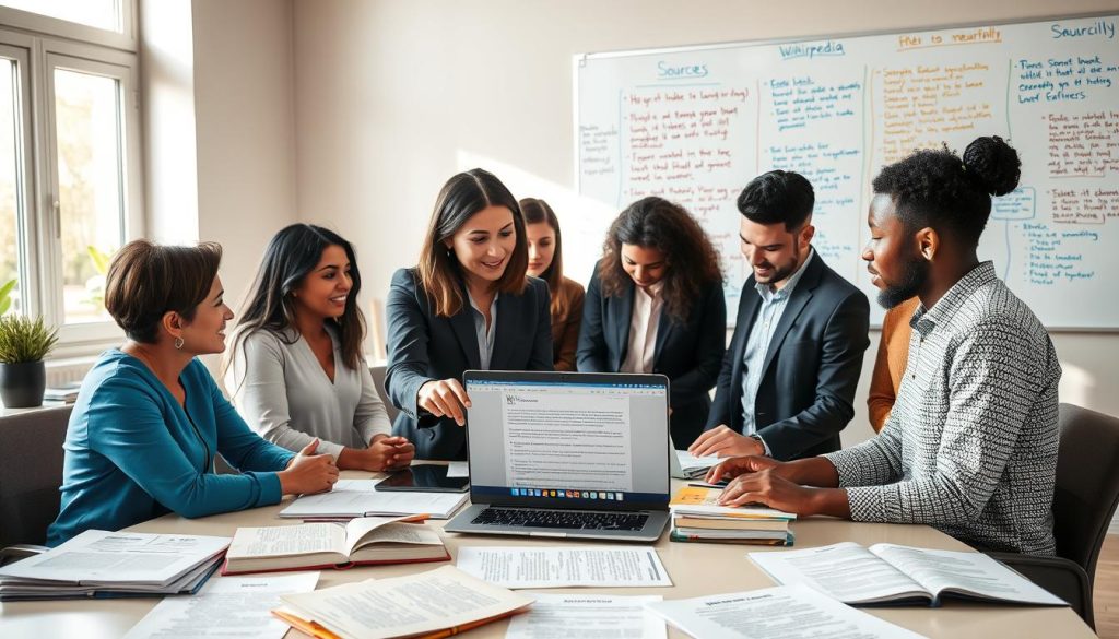 A professional workspace featuring a diverse group of individuals collaborating around a large table. In the foreground, a woman in a smart business suit is actively discussing with colleagues, pointing at a laptop displaying a Wikipedia page. The middle ground includes research materials such as books and printed articles, with highlighted sections on neutrality and sourcing. In the background, a whiteboard filled with colorful notes and diagrams illustrating methods for proper Wikipedia edits. Soft, natural lighting streams in from a nearby window, creating a warm, inviting atmosphere that promotes focused collaboration. The composition should evoke a sense of professionalism, teamwork, and the pursuit of knowledge.