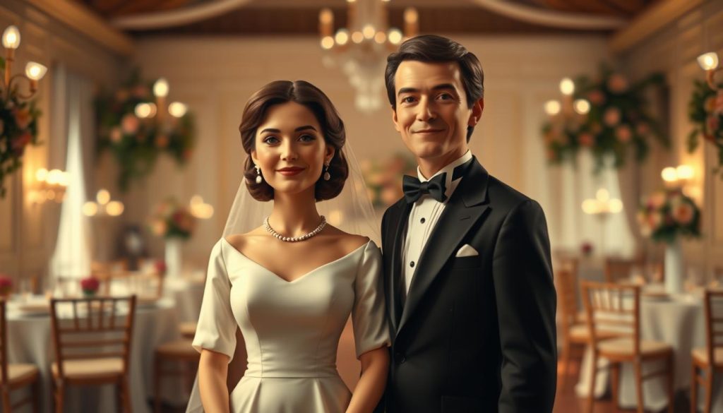 A sophisticated and elegant wedding scene featuring two figures representing Claude François and Janet Woollacott, portrayed in a vintage 1970s style. The foreground shows them standing close together, dressed in formal wedding attire: Claude in a classic tuxedo and Janet in a modest yet stylish wedding gown. Their expressions convey warmth and joy. In the middle background, a beautifully decorated reception venue with soft, warm lighting, lush floral arrangements, and delicately arranged tables evokes a sense of celebration. The atmosphere is nostalgic, capturing a romantic and dreamy vibe. The angle is slightly tilted, giving depth to the scene, while soft bokeh effects enhance the focus on the couple. Ideal for illustrating the themes of marriage, separation, and circulating stories. A sophisticated and elegant wedding scene featuring two figures representing Claude François and Janet Woollacott, portrayed in a vintage 1970s style. The foreground shows them standing close together, dressed in formal wedding attire: Claude in a classic tuxedo and Janet in a modest yet stylish wedding gown. Their expressions convey warmth and joy. In the middle background, a beautifully decorated reception venue with soft, warm lighting, lush floral arrangements, and delicately arranged tables evokes a sense of celebration. The atmosphere is nostalgic, capturing a romantic and dreamy vibe. The angle is slightly tilted, giving depth to the scene, while soft bokeh effects enhance the focus on the couple. Ideal for illustrating the themes of marriage, separation, and circulating stories.