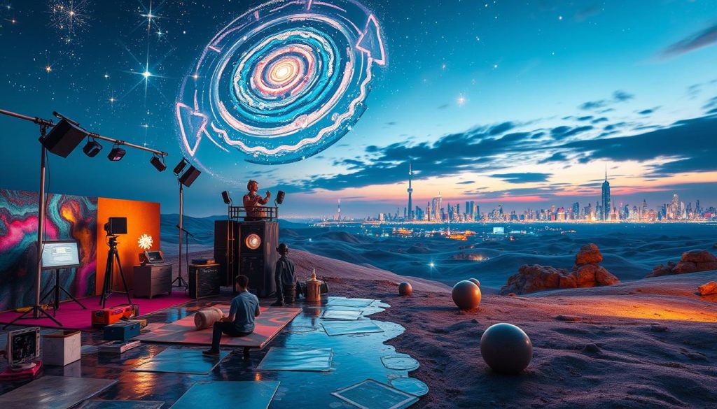 A surreal artistic scene inspired by Dominique Perrier's 'Adieu Blaireau' film project, showcasing space art concepts. In the foreground, a vivid, abstract representation of a film set with colorful props and artistic installations reflecting the essence of avant-garde cinema. In the middle, an ethereal landscape filled with swirling galaxies, bright stars, and cosmic elements that evoke a sense of exploration and creativity. The background features a futuristic city skyline under a twilight sky, illuminated by a soft, hazy glow. Capture the essence of innovation and artistic expression with a harmonious color palette of blues, purples, and golds. Use a wide-angle lens to enhance the depth and ambiance of the scene, creating a dreamlike atmosphere, while ensuring the composition is balanced and visually inviting.