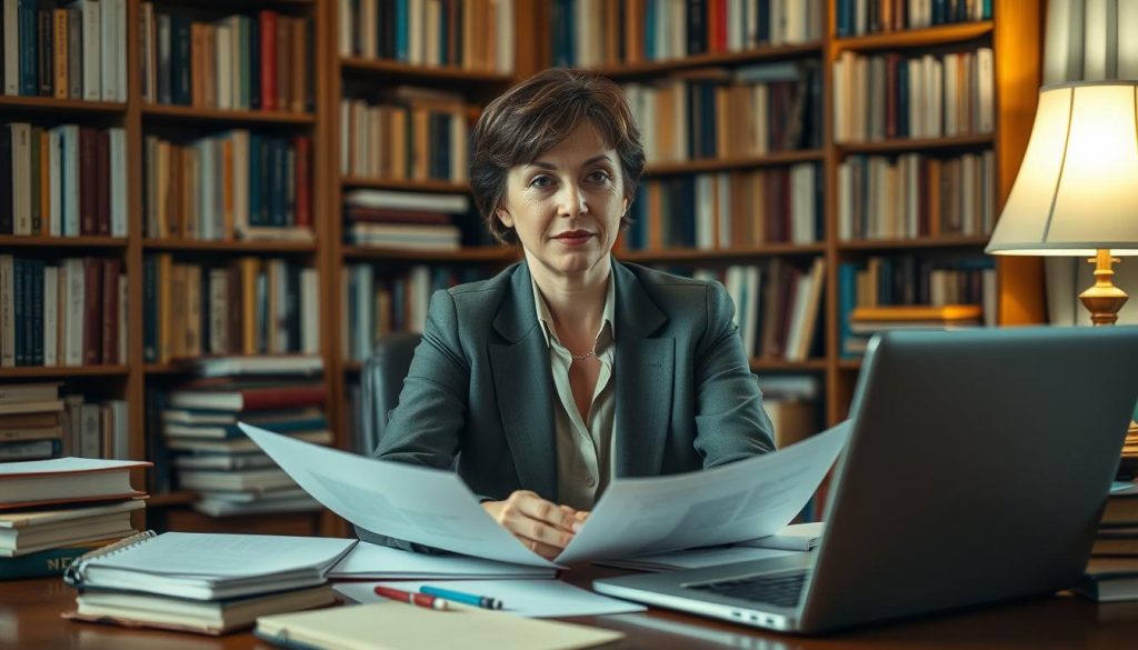 A thoughtful portrait of a professional woman sitting at a desk surrounded by books and articles, with a focused expression as she reviews important documents. She has short, neatly styled hair and wears a tailored blazer over a blouse, emphasizing her expertise. The background is a cozy study filled with bookshelves, soft lighting from a nearby lamp creating a warm atmosphere. The desk is cluttered yet organized, with notebooks, pens, and a laptop open to a webpage about Janet Woollacott. The scene conveys a mood of intellectual inquiry and attention to detail, framed with a slight depth of field to highlight her and the cluttered workspace in a soft blur.