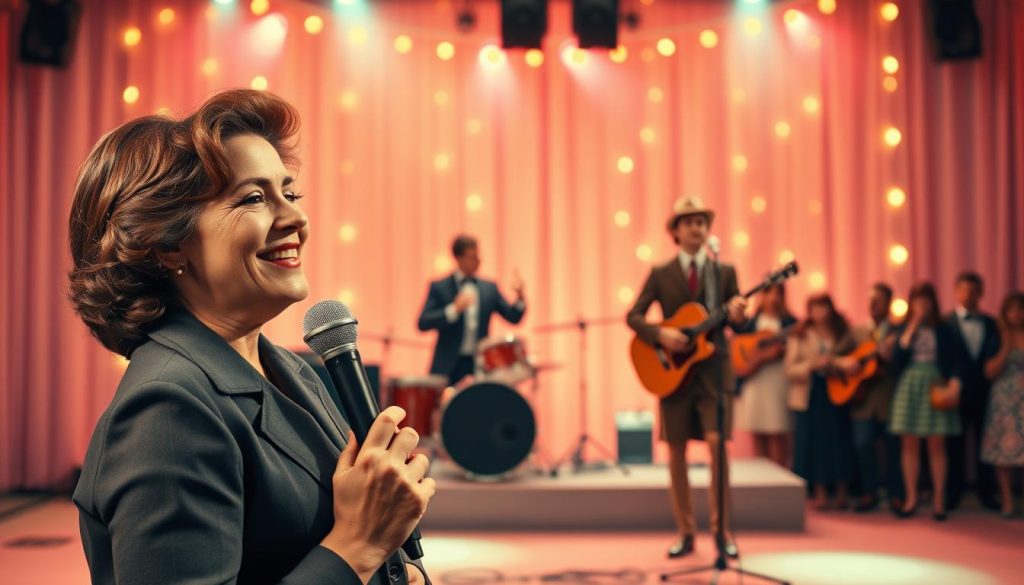 A vibrant homage to "Je sais chanson," capturing the essence of Janet Woollacott and Claude François. In the foreground, depict a stylish woman in professional attire enjoying a heartfelt moment with a microphone, her expression showcasing passion and nostalgia. The middle ground features a vintage-inspired band playing lively music, dressed in chic 1960s fashion, surrounded by musical notes swirling in the air. The background is a pastel-colored stage adorned with soft, glowing lights that create a warm and inviting atmosphere, reminiscent of a classic French concert. Use soft, diffused lighting to enhance the mood, maintaining a slightly blurred effect on the audience in the far background, evoking a sense of admiration and joy. The overall feel should be celebratory and enchanting.