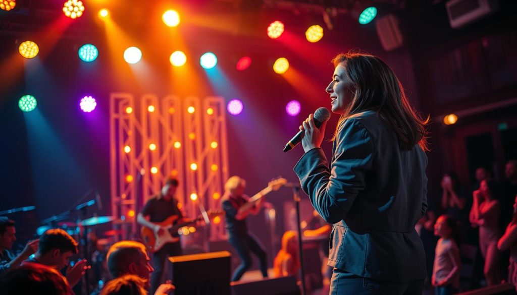 A vibrant scene capturing a live music performance featuring a female singer on stage. The foreground shows the singer passionately engaging with the audience, dressed in a stylish yet professional outfit, showcasing her charisma. In the middle ground, a band is present playing various instruments, contributing to the lively atmosphere. The background features glowing stage lights in warm golden tones, creating an energetic ambiance with colorful spotlights highlighting the performers. The setting is an intimate music venue, emphasizing connection with the audience. The angle is slightly elevated, allowing a sweeping view of the stage and crowd. The mood is uplifting and dynamic, reflecting the excitement of a live musical career.