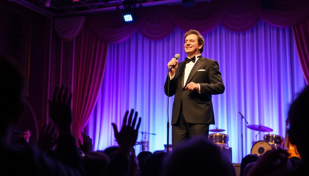 A vintage concert scene featuring Gilbert Bécaud performing passionately on stage. He is dressed in a classic tuxedo, holding a microphone and expressing deep emotion, his eyes closed and a slight smile on his face. The foreground captures the vibrant energy of the audience, with silhouettes of captivated fans, some waving their hands and others swaying to the music. The middle ground focuses on the stage, adorned with soft blue and purple stage lights casting a romantic glow. In the background, elegant draped curtains and vintage instruments peek through, enhancing the nostalgic atmosphere of a 1960s music venue. The lighting should be dramatic but warm, evoking a sense of intimacy and nostalgia, capturing the essence of Bécaud's musical legacy.