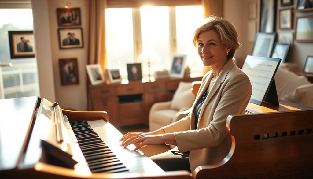 In a warm, inviting living room, a woman in her early forties sits gracefully at a polished piano, embodying both elegance and determination. She is dressed in a tasteful, modest outfit, showcasing a blend of professional and artistic flair. Sunlight streams through a large window, casting soft shadows and illuminating her focused expression as she plays a nostalgic melody. In the background, family photos and music awards subtly reflect her journey of love, motherhood, and a flourishing musical career. The atmosphere exudes warmth and creativity, evoking a sense of resilience and passion for artistry amidst personal growth. Use a warm color palette, with soft lighting to enhance the intimate mood, captured from a medium angle that draws the viewer into her world. In a warm, inviting living room, a woman in her early forties sits gracefully at a polished piano, embodying both elegance and determination. She is dressed in a tasteful, modest outfit, showcasing a blend of professional and artistic flair. Sunlight streams through a large window, casting soft shadows and illuminating her focused expression as she plays a nostalgic melody. In the background, family photos and music awards subtly reflect her journey of love, motherhood, and a flourishing musical career. The atmosphere exudes warmth and creativity, evoking a sense of resilience and passion for artistry amidst personal growth. Use a warm color palette, with soft lighting to enhance the intimate mood, captured from a medium angle that draws the viewer into her world.